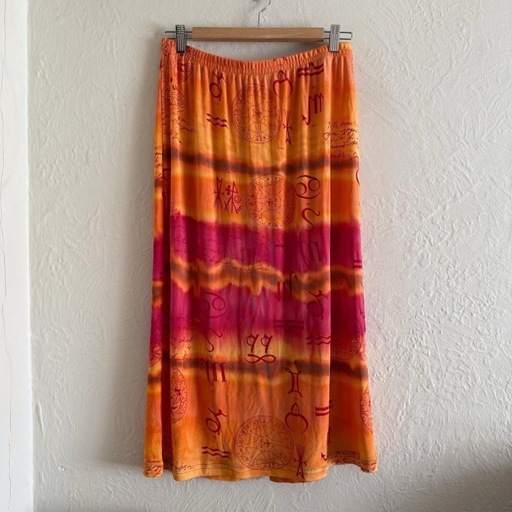 ⚡️10$ sale⚡️ Vintage Orange and Pink Tie-Dye Zodiac Print Midi Skirt Size L